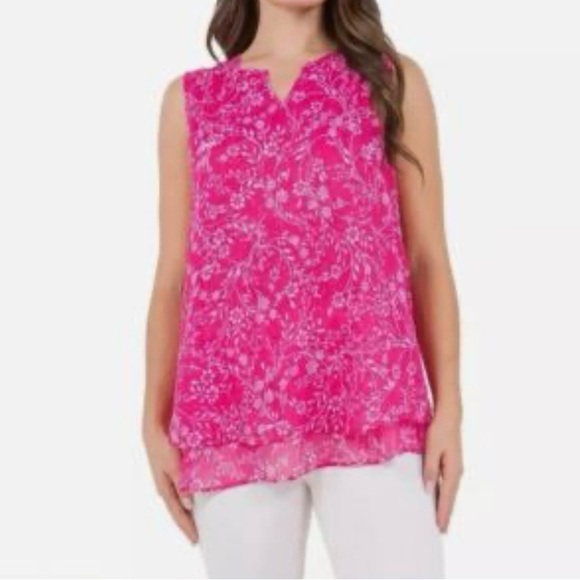 Cristina B Tops - Pink Sleeveless Blouse with V-Neck and Floral Print